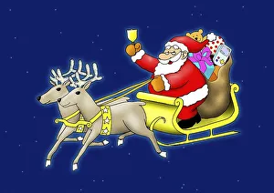 Santa Claus sitting in his sleigh flying with reindeer