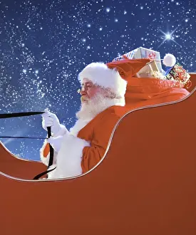 Santa Claus in a sleigh filled with presents soaring through a starry night sky