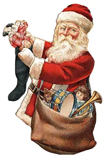 Santa Claus with stocking and bag full of toys