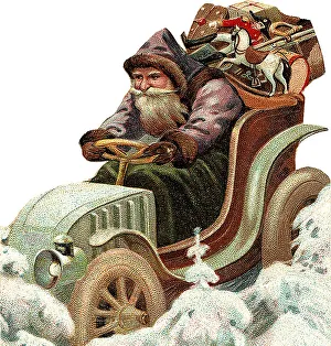 Santa driving a car and bringing gifts