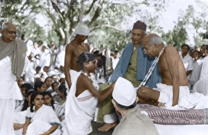 Santal girl garlanding Mahatma Gandhi, Santiniketan, west Bengal, India, Asia, December 19, 1945, Asia