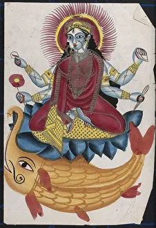Saraswati sitting on a lotus with her elephant fish