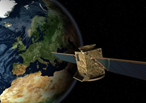 Satellite in front of the globe with Europe, symbolic image Galileo navigation system, overhead intelligence, data transmission