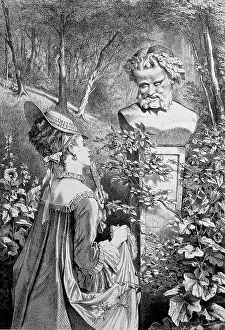 At the satyr in the park, woman standing in front of a bust