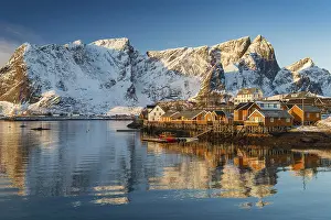 Category Mountain Landscapes Prints: Scandinavian landscape with boathouses at the fjord