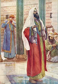 Scene from the biblical story, The Parable of the Pharisee and the Tax Collector