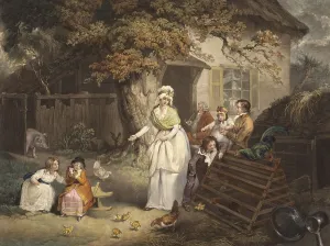 Scene on a farm in England, woman feeding chickens