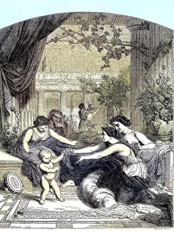 Scene from Pompeii, several woman and a baby on the terrace