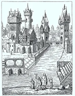 Scene in a town in the XVth century