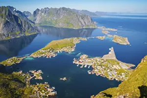 Scenic aerial view of countryside and sea from Mount Reinebringen on Lofoten islands in Norway