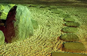 Scenic Japanese stone zen garden under night illumination