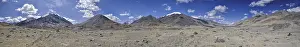 Scenic panorama of cold arid landscape in Tajikistan on sunny day