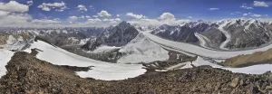 Scenic panorama of Fedchenko glacier in Pamir mountains in Tajikistan