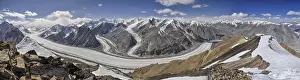 Scenic panorama of Fedchenko glacier in Pamir mountains in Tajikistan