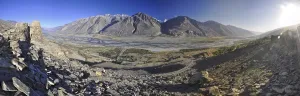 Scenic panorama of valley on arid landscape in Tajikistan on sunny day