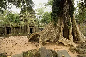 Scenic ruins of the famous Ta Prohm temple in Cambodia