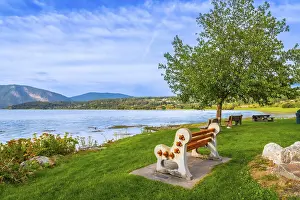 Scenic view of shuswap lake with a bench in the foreground