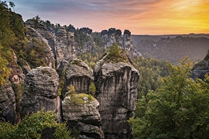 Schrammsteine around the Bastei at sunrise