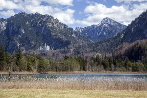 Schwansee, behind Neuschwanstein Castle and Hohenschwangau Castle