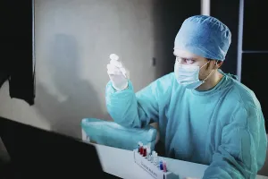 Scientist in blue scrubs examining test tube in a laboratory setting