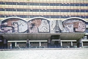 Sculptural mural by Jose Chavez Morado on the facade of the Hospital de Especialidades del Centro Medico Nacional Siglo XXI, Doctores, Ciudad de Mexico, Mexico City, CDMX, Mexico, photographed in 1961, Central America