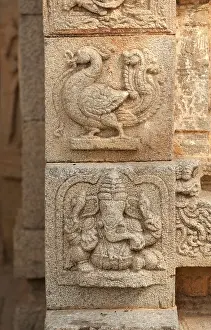 Category Historic EN Prints: Sculpture of ganesh and peacock on the wall of vitthal temple