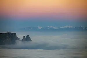 Category Mountain Landscapes Prints: Sea of fog with Dolomite peaks in the background at blue hour