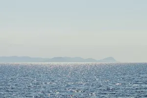 Sea and mountain range. Summer seascape horizon