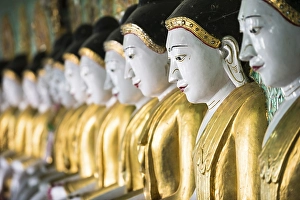 Many seated Buddha sculptures, walls decorated with glass mosaics