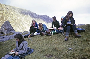 Secondary school girls doing fieldwork in geography, Great Britain 1970s Girls doing fieldwork, making observations and notes 1974