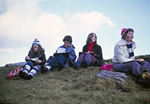 Secondary school girls doing fieldwork in geography, Great Britain 1970s Girls doing fieldwork, making observations and notes 1974