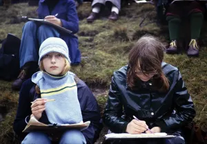 Secondary school girls doing geographical fieldwork, United Kingdom 1970s Girls doing fieldwork, observing, sketching and taking notes 1973