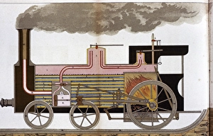 Historical Photo Prints: Sectional view of a steam locomotive from the middle of the 19th century with combustion chamber and boiler tubes
