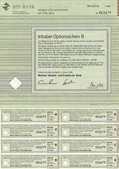 Securities certificate, bearer warrant for 1 share