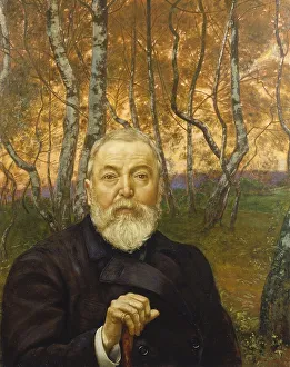 Self-portrait in front of a birch forest