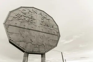Sepia-toned image of the Big Nickel monument