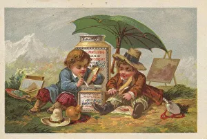 Series Genrebilder 1 (1873 to 1878) (Paris) Two children as landscape painters mixed the paint in a Liebig glass