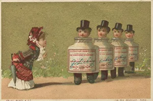 Series Genrebilder 5 (1873 to 1878) (Paris) four boys with Liebig glasses in a row in front of a young elegant lady