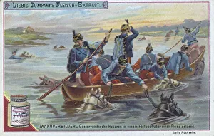 Series of manoeuvre pictures, Austrian hussars in a folding boat set across a river