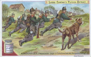Series of manoeuvre pictures, Prussian hunters in firing line with outpost dog