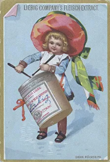 Series of pictures of children as musicians with an instrument from a Liebig box: drummer