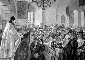 Service in a Russian village church in 1880
