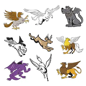 Set or collection of cartoon character mascot style illustration of legendary