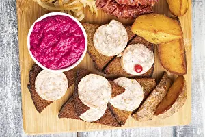 Set of snacks: sausages, toast