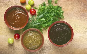 Set of tkemali sauces, three types of tkemali sauce
