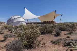 Shade structures provide visitors relief from the desert sun at Eagle Point in Grand Canyon West near Peach Springs