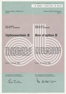 Share certificate, bearer warrant in Swiss Francs