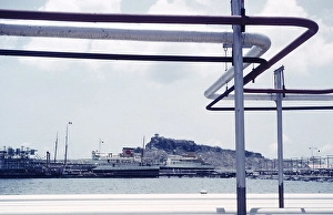 Shell oil tanker in the harbour with pipelines, Curacao, Netherlands Antilles, around 1960