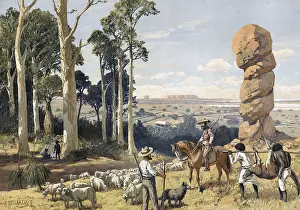 Shepherd with flock of sheep and natives with hunting prey