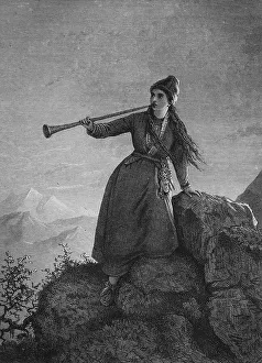 Shepherdess from Lapland calling the herd in the evening